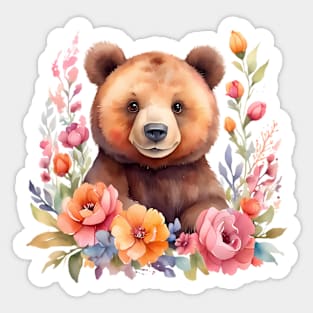 A brown bear decorated with beautiful watercolor flowers Sticker